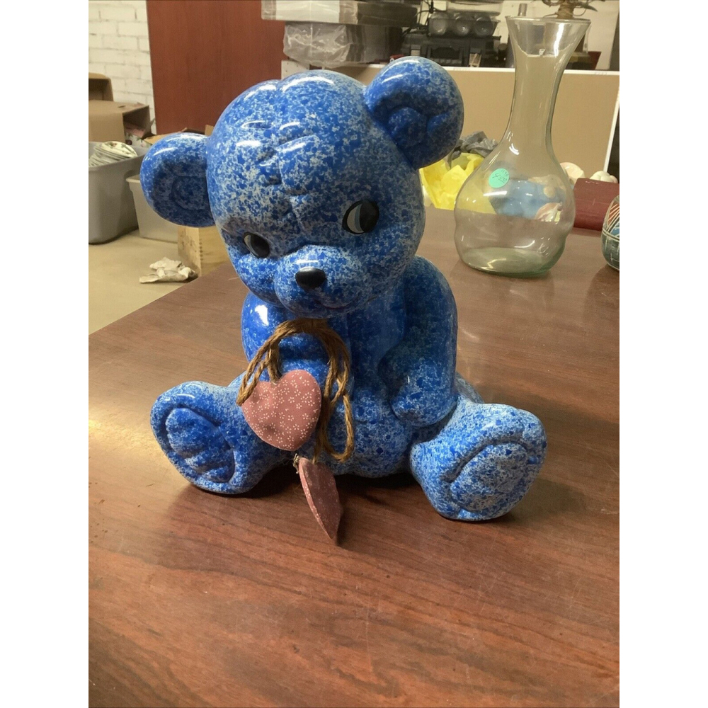 Ceramic Bear “Piggy” Bank w/Stopper. Vibrant Detailed Sponged Blue Finish. 7”